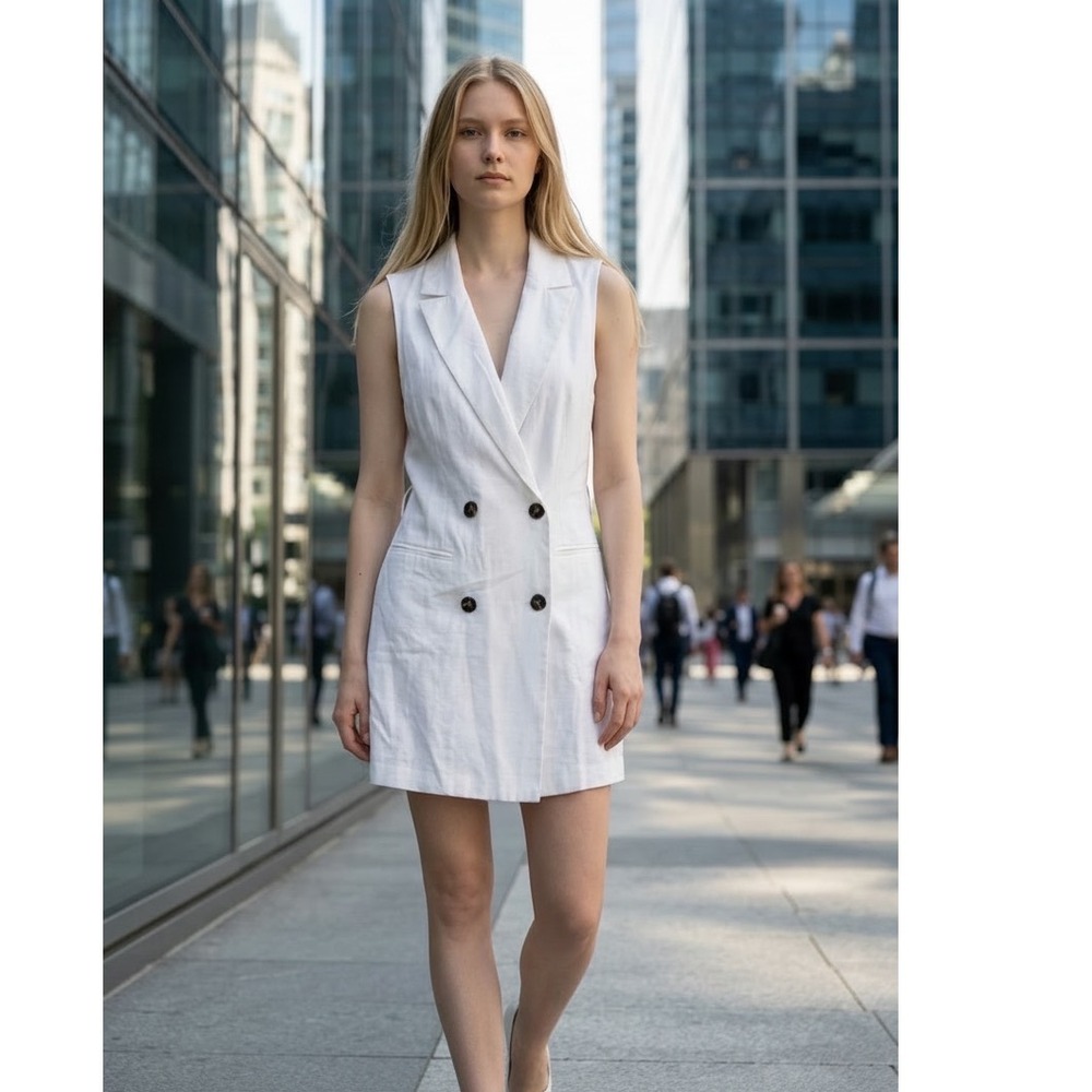Bershka Blazer‎ Dress XS White Double Breasted Sleeveless Mini Professional
